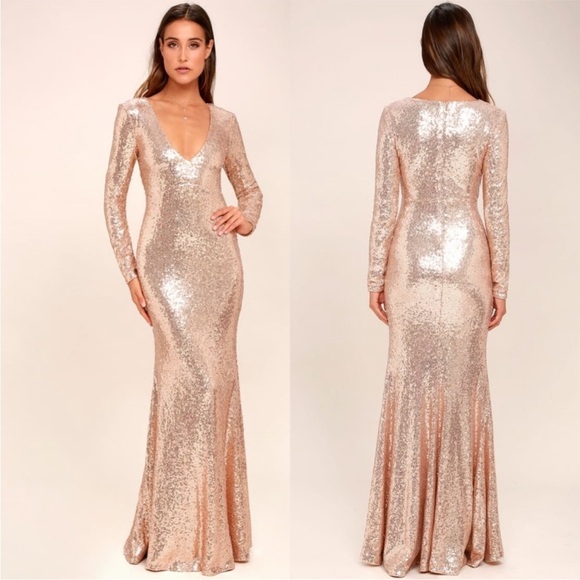 Lulus Dresses & Skirts - NWT Lulus Capture the Moon Rose Gold Long Sleeve Sequin Maxi Dress